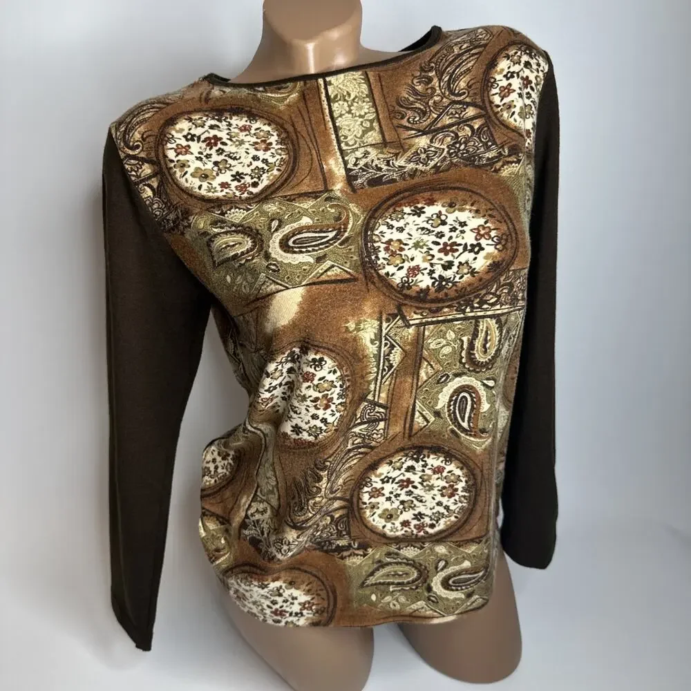 Vintage Y2K Brown Baroque Paisley Top M Whimsigoth Fairy Grunge Long Sleeve Boho